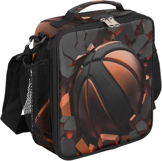 Basketball Kids Lunch Box Art Painting Basketabll Insulated Lunch Bag Tote for Girls Boys Cooler Freezable Meal Prep Bag with Shoulder Strap Waterproof Lunch Container for School Office Picnic