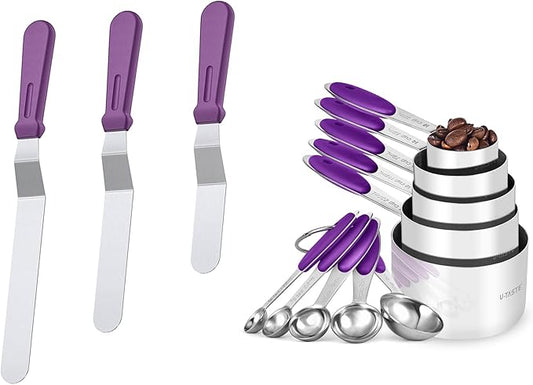 U-Taste 18/0 Stainless Steel Icing Spatula with PP Plastic Handle, and Upgraded Measuring Cups and Spoons Set of 10 with Reinforced Welded Handle (Purple)