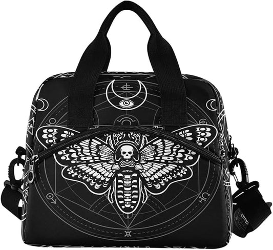 MNSRUU Insulated Lunch Bag - Black Skull Moth Lunch Box with Adjustable Shoulder Strap - Reusable, Leakproof Cooler Bag for Work, School