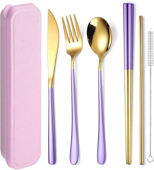 AARAINBOW 6 Pieces 18/8 Stainless Steel Flatware Set Portable Reusable Cutlery Set Travel Utensils Set Including Chopsticks Knife Fork Spoon Straws Cleaning Brush Dishwasher Safe (Purple golden)