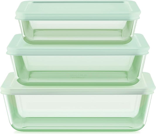 Pyrex Year of Color (3-Pack) Tinted Rectangular Glass Food Storage Containers Set, (3, 6 & 11 Cup) Meal Prep Containers With BPA-Free Lids, Dishwasher & Microwave Safe, Green