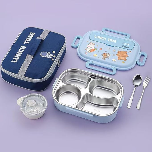 Bento Box for Kids/Adults, 304 Stainless Steel insulated 4 Compartments lunch box with Soup Bowl, Thermal Bag, Spoon and Fork, Leak-Proof, Microwavable, 5 Colors (Blue)