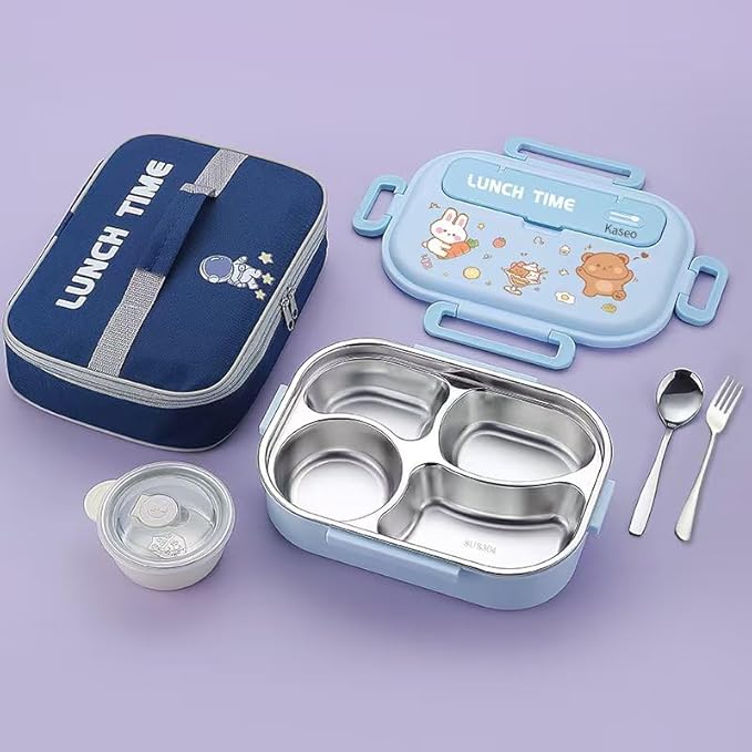 Bento box for kids/adults, 304 Stainless steel insulated 4 compartments lunch box with Soup Bowl, Thermal bag, Spoon and folk, Leak proof, Microwavable, Dishwasher safe, 5 colors (Purple)