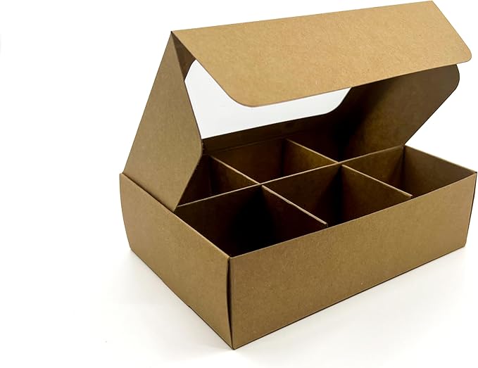 Treat boxes with window and dividers | 6 SMALL compartments | 6.5 x 4.5 x 1.9 in | Chocolate covered strawberries supplies, macaron boxes, baked goods packaging | 20-pack (Kraft)