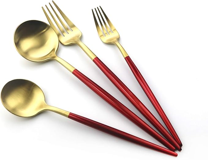 20 Pieces Matte Gold Red Handle 18/10 Stainless Steel Silverware, Flatware Titanium Black Cutlery, Utensils for Home Restaurant Service for 4, Dishwasher Safe (Red Gold)