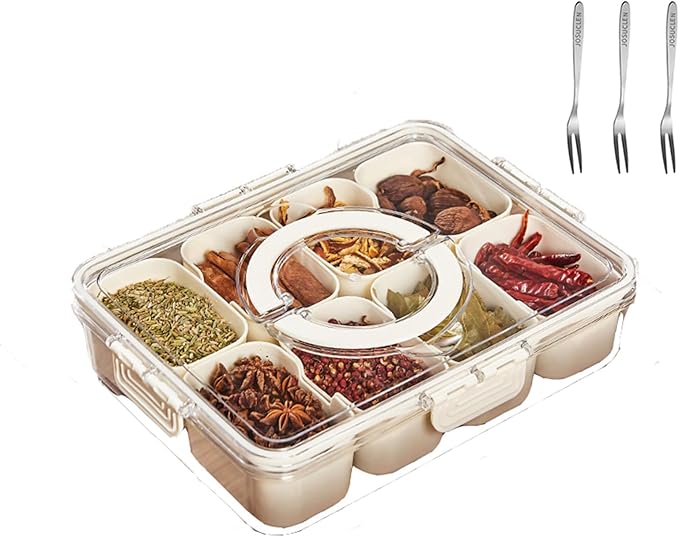 JOSUCLEN Plastic 8-Compartment Containers | Travel, Car, Charcuterie | Divided, with Lid and Handle | Fruit, Candy, Veggie, Vegetables, Nuts