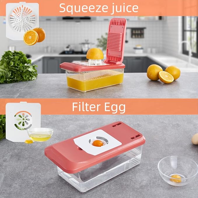 VEKAYA Vegetable Chopper, Professional Food Chopper with Container, Multifunctional Veggie Slicer, Vegetable Cutter with Detachable Blades, Onion Dicer Cutter for Kitchen (Red)