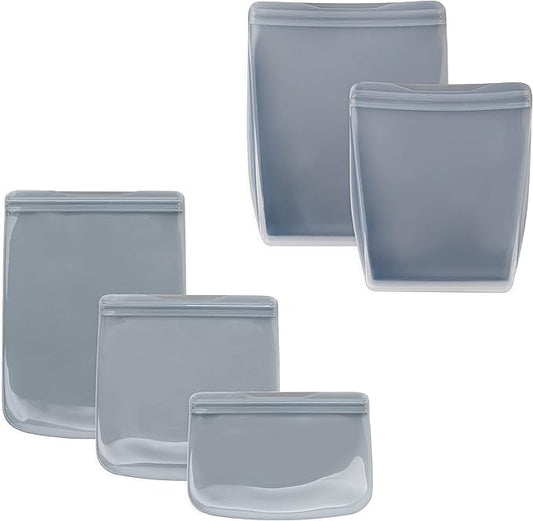 W&P Porter Silicone Reusable Storage Bags, Variety 5 Pack (10oz, 34oz, 46oz, 36oz, 50oz), Slate, Food Storage Container, Microwave and Dishwasher Safe, Easy Cleaning