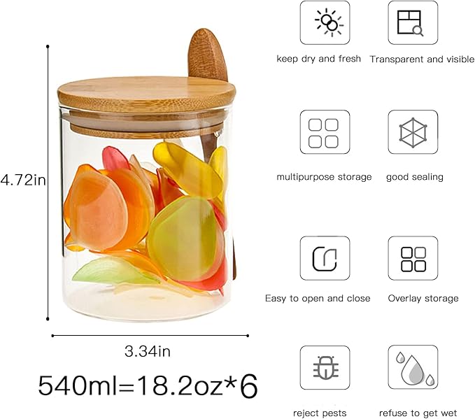 6 Pack 18.2 oz Overnight Oats Containers with Lids,Sealed Borosilicate Glass Jars with Bamboo Lid and Spoon,Clear Food Storage Jar for Kitchen,Candy, Spices, Coffee Beans,Cookies, salad, Oats, Flour