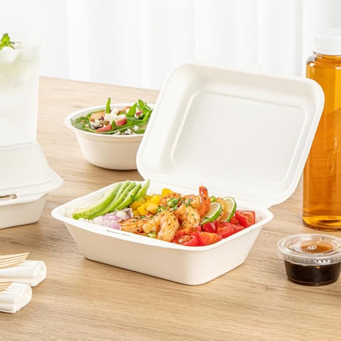 Restaurantware Pulp Safe No PFAS Added 20 Ounce Clamshell Boxes 100 Disposable Containers - Home Compostable Microwavable And Freezable White Bagasse Containers Built-In Hinged Lid