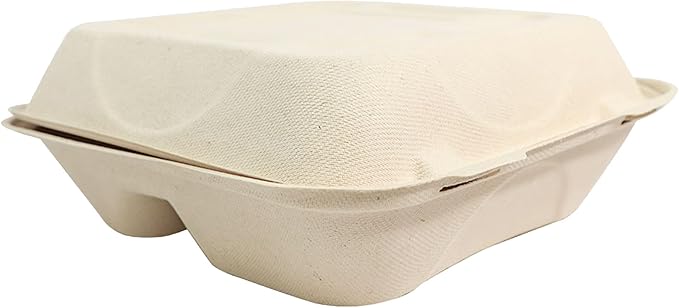 World Centric Compostable Clamshell Containers 9x9x3'', 3-Compartment - Grease and Moisture Resistant - 100 Pack