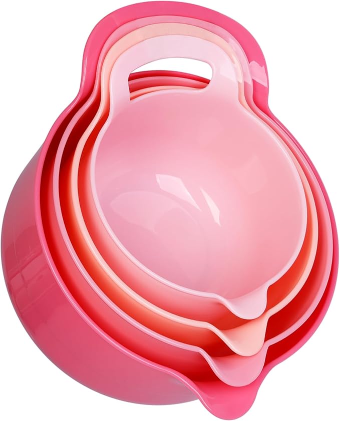 BoxedHome 4 Pack Nesting Mixing Bowl with Pour Spout and Handle, BPA free Microwave & Dishwasher Safe(Pink Gradient, 4 Pack with Handle)