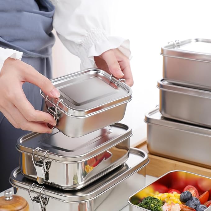 3-Pack 850ml (28.7 oz) Stainless Steel Bento Lunch Box Containers with Lids - Waterproof Metal Food Storage - Snack Prep Trays and Tiffin Carriers