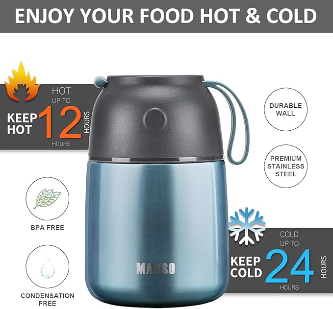 Insulated Thermo Food Jar for Hot & Cold Food for Kids Adult, 17 oz Soup Thermal Hot Food Containers for Lunch, Triple Layer Insulation Stainless Steel Food Jar with Spoon (Lightblue)