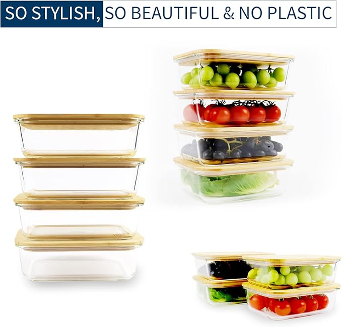 DE Glass Food Storage Containers with Bamboo Lids (4 Pack, 36 Ounce) Eco Friendly Meal Prep Glass Containers Reusable BPA Free Bento Lunch Box Airtight Plastic Free Glass Container with Lid