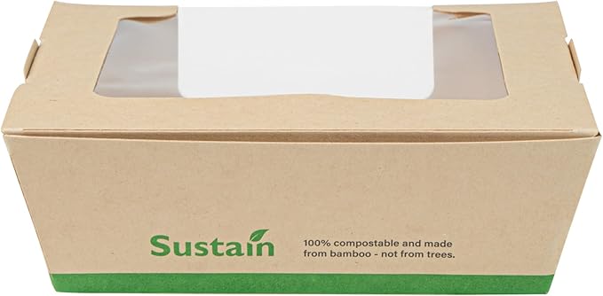 Restaurantware-Sustain 26 Ounce Sturdy Paper Take Out Boxes, 50 Disposable Take Out Food Containers - With PLA lining, Clear PLA Window, Bamboo Paper Containers, Compostable, Tab-Lock Design