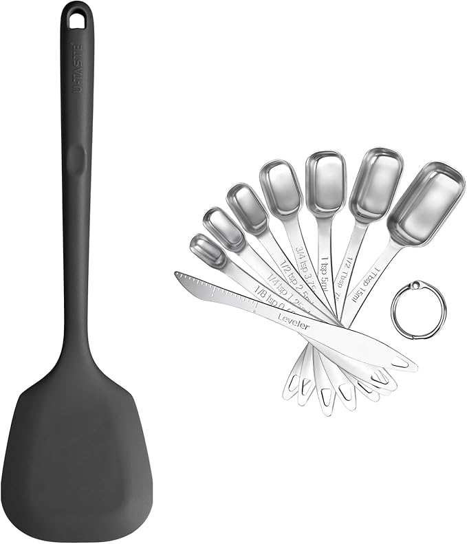 U-Taste 600ºF Heat Resistant 13.6in Long Solid Silicone Turner Spatula, and 18/8 Stainless Steel Square Measuring Spoons Set of 8 (Black+Silver)