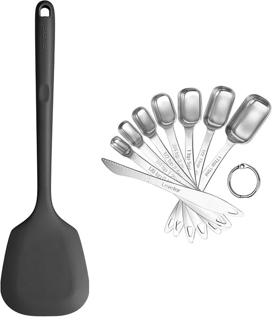 U-Taste 600ºF Heat Resistant 13.6in Long Solid Silicone Turner Spatula, and 18/8 Stainless Steel Square Measuring Spoons Set of 8 (Black+Silver)
