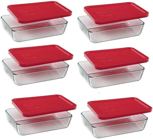 Pyrex (3) 7210 3-Cup Glass Food Storage Dishes & (3) 7210-PC Red Plastic Food Storage Lids
