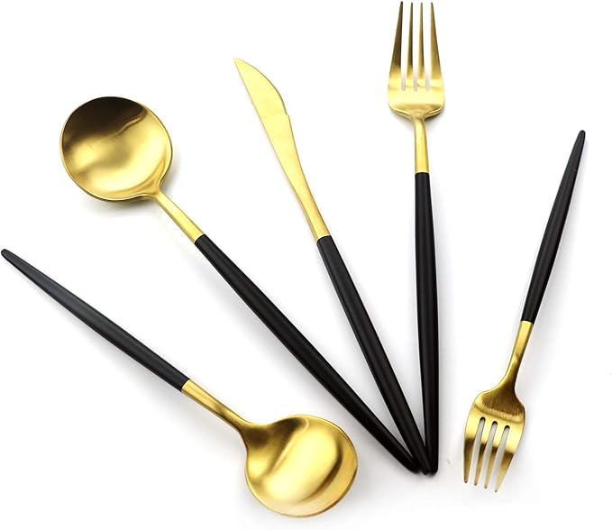 20-Piece Matte Gold & Black Handle 18/10 Stainless Steel Flatware Set, Titanium Cutlery for Home & Restaurant, Dishwasher Safe