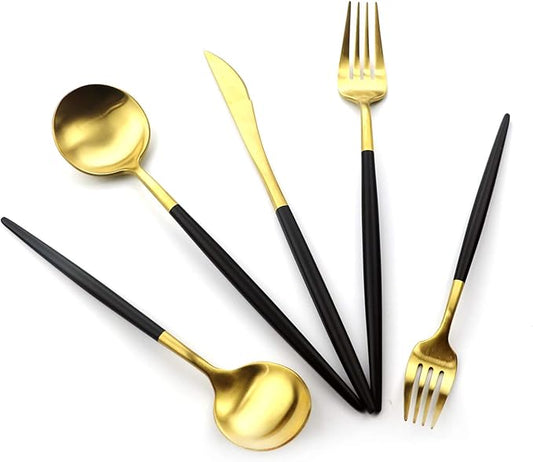 20-Piece Matte Gold & Black Handle 18/10 Stainless Steel Flatware Set, Titanium Cutlery for Home & Restaurant, Dishwasher Safe