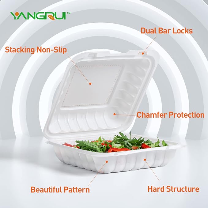 YANGRUI To Go Containers, Reusable Shrink Wrap 55 Pack 8 Inch MFPP Meal Prep Container BPA Free Microwave Freezer Safe Plastic Hinged Clamshell Take Out Boxes