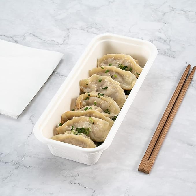 Restaurantware Pulp Tek 9.2 x 3.8 x 1.8 Inch Takeaway Food Boxes 100 Disposable Take Out Containers - Lids Sold Separately Freezable White Bagasse Catering Food Containers Microwavable