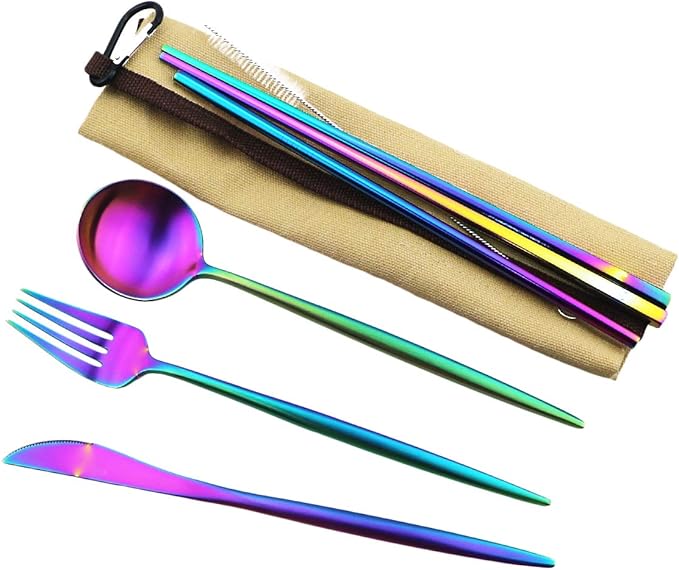 Reusable Travel Utensils, 7 Piece Portable 304 Stainless Steel including Knife Fork Spoon Chopsticks Cleaning Brush Straws Portable Pouch, Eco-friendly Camping Silverware Set, Dishwasher Safe