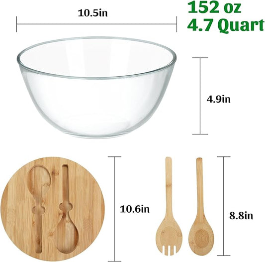 ShineMe Glass Salad Bowl, 4.7 Qt Large Mixing Bowl with Lid and Built in Utensils, Versatile Trifle Bowl for Serving, Mixing, Preparing, Storing, and Decoration in Kitchen