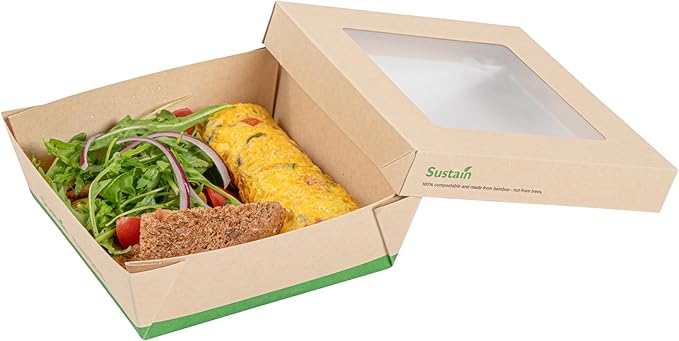 Restaurantware-34 Ounce Sturdy Paper Take Out Boxes, 200 Disposable Take Out Food Containers - With PLA lining, Paper Lid With Clear PLA Window, Bamboo Paper Containers, Compostable, Greaseproof