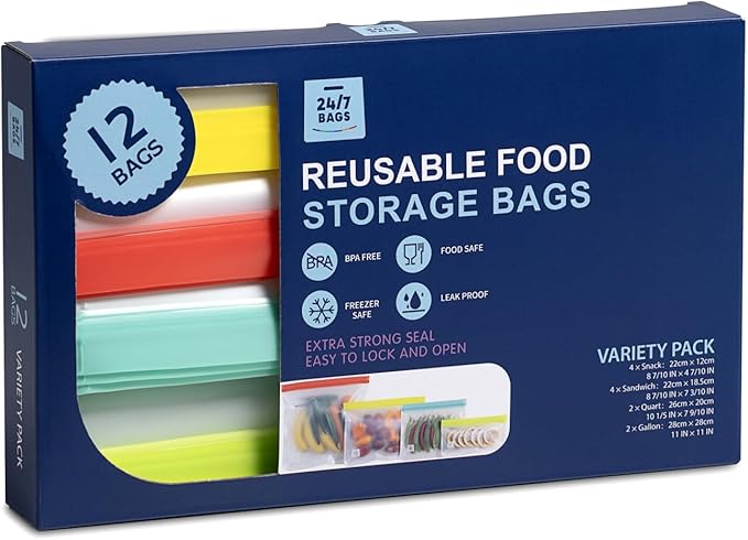 12 Pack Variety Reusable Food Storage Bags, Food Grade Silicone PEVA Material, Double Zipper, Freezer Safe, BPA-Free (4 Snack, 4 Sandwich, 2 Quart, 2 Gallon)