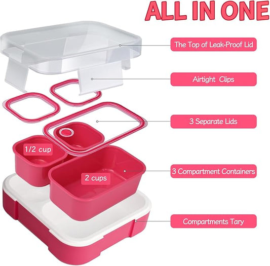 Genteen Small Kids Snack Containers for School 3 Compartment Travel Snack Containers with Dividers Portion Control Lunch box for Kids with Leak-proof Lids BPA Free (2pcs Dark Pink + 1pcs Blue)