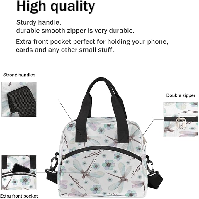 Insulated Lunch Bag for Women Men Dragonfly Leakproof Cooler Tote Bag Large Reusable Adult Lunch Box with Adjustable Shoulder Strap for Office Work Picnic Travel Beach