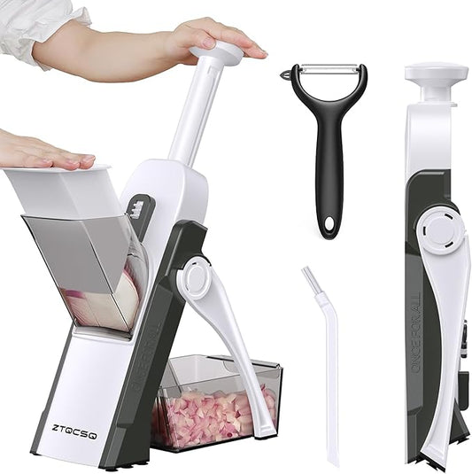 5 in 1 Safe Mandoline Slicer for Kitchen, Safe Vegetable Chopper with Paring Knife, Adjustable Thickness, Easy to Clean, Vegetable Slicer, Slicing, Strips, Shredding, Dicing, Chop (GreenBlack)