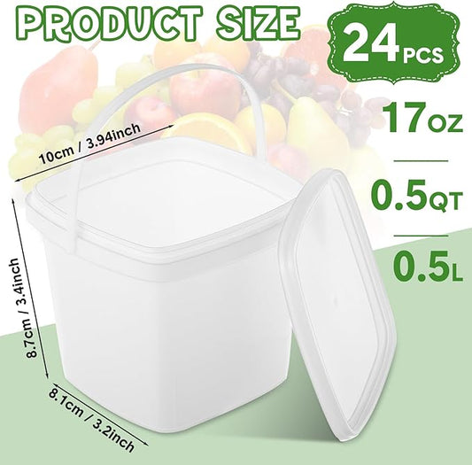Mifoci 24 Pack 16.9 Oz/ 500 ml Square Deli Containers with Lids Airtight Ice Cream Bucket with Handle Reusable Freezer Microwave Safe Plastic Food Storage Containers Pail for Snack Take out