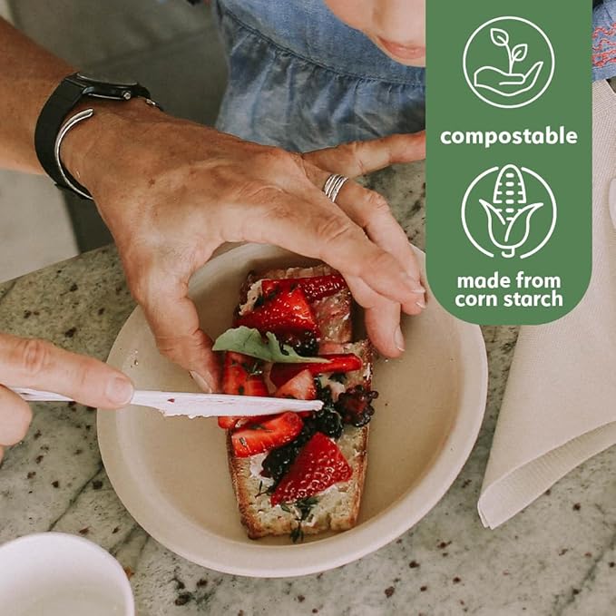 100% Compostable Non Plastic Knives [100 Pack] CPLA Disposable Knives. Non Plastic Silverware Set. Eco-Friendly Cutlery, Off White Flatware, Extra Sturdy Utensils, by Earth's Natural Alternative