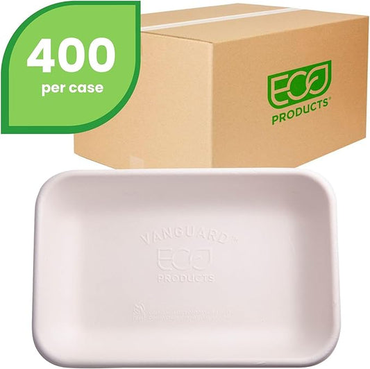 ECO PRODUCTS Compostable 24oz To Go Containers, Case of 400, 8.4"x5.5"x1.5" Rectangle Box, Disposable Renewable White Molded Fiber, No-Added PFAS, Tree-Free, Lid Available, BPI-Certified