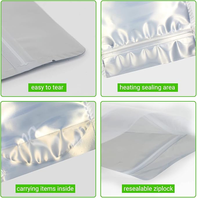100 Pack 7 x 10 Inch Stand Up Pouch Bags Zipper Mylar Bags Clear Front with Aluminum Foil Back Reusable Food Storage Bags for Multipurpose with Gusset Bottom(5.5mil Thickness)