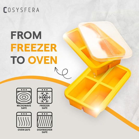 Silicone Freezer Tray with Lid – 1 Cup Portion Mold (4 Portions), Reusable Food Storage Container for Meal Prep, Soup, Sauce, Broth and Leftovers - DPA free - Microwave, Oven and Dishwasher Safe