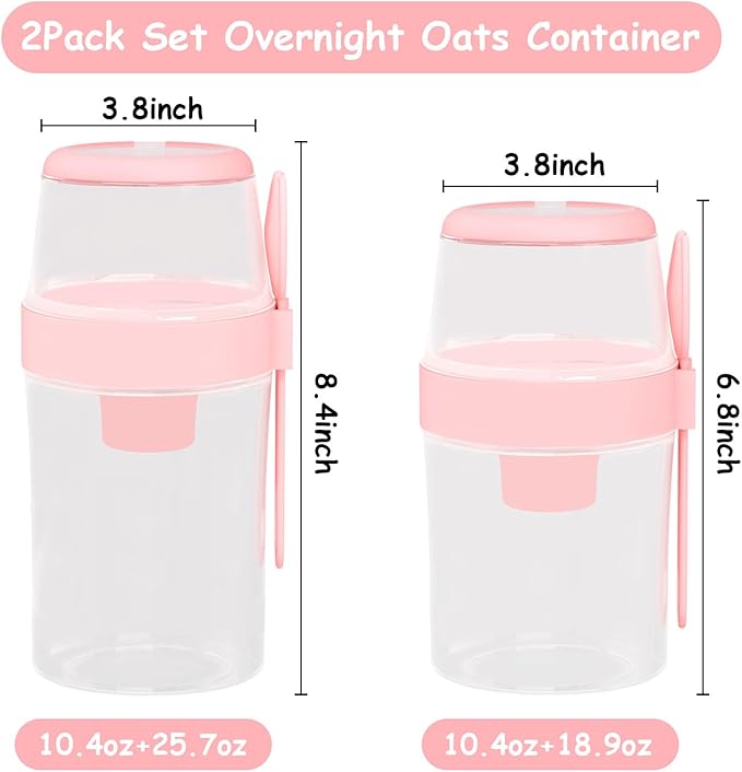 2 Pack Reusable Leak-Proof Overnight Oats Container with Dual-Layer Compartment, Built-in Dipping Box, with Spoon & Airtight Lids, Meal Prep Jar for Yogurt Parfait, Chia Pudding (Pink)