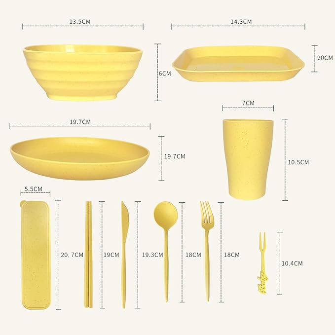 48 Pcs Dinnerware Sets for 4,Plates and Bowls Sets Unbreakable Tableware set,Plates Bowls Cups Cutlery Sets,Travel Camping Lightweight Dinnerware（Light Color）