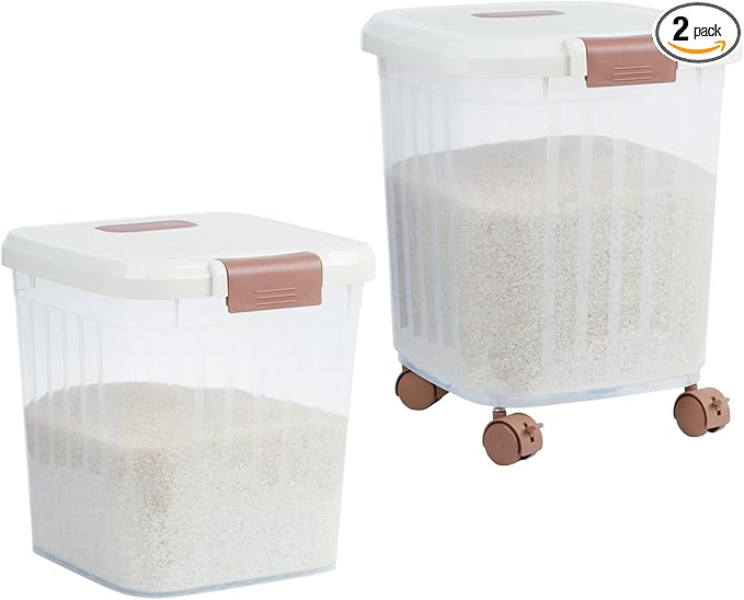 2PCS Airtight Flour Sugar Storage Containers with Lids, Easy to Move, Plastic Rice Cereal Grain Pet Food Bin with Wheels for Kitchen Pantry Organization (20lbs & 30lbs)