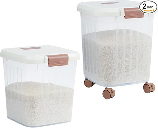 2PCS Airtight Flour Sugar Storage Containers with Lids, Easy to Move, Plastic Rice Cereal Grain Pet Food Bin with Wheels for Kitchen Pantry Organization (20lbs & 30lbs)