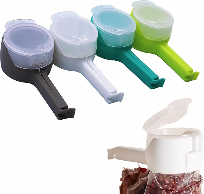 Bag Clips with Pour Spout, Plastic Food Storage Clip, Sealing and Pour Bag Clips for Snack Storage Organization - 4 Packs (Mixed Color)