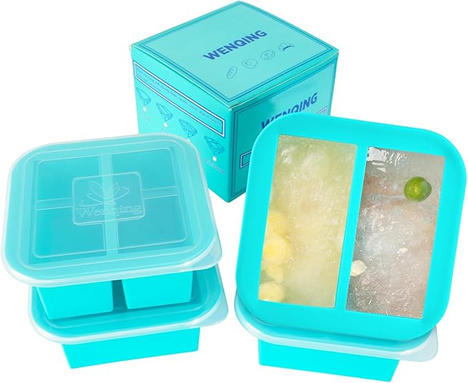 Silicone Freezer Tray with Lid 4 Pack Silicone Freezer Molds Ice Cube Tray Makes 8 Perfect 1 Cup Portions Soup Cubes Meal Prep Containers - Oven & Dishwasher Safe