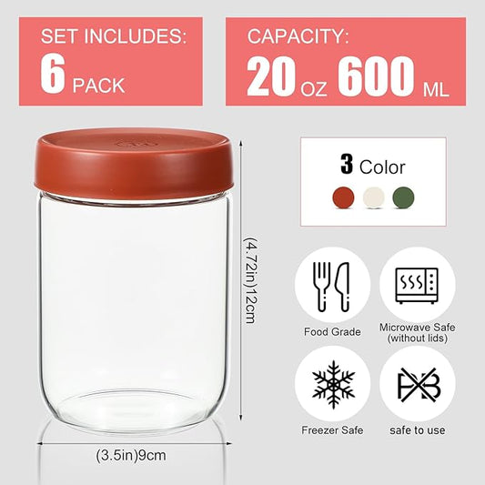 Dandat 6 Pack 20 oz Overnight Oats Containers with Lids Glass Food Storage Jars for Kitchen Wide Mouth Glass Mason Jars for Oatmeal, Spices,yogurt, Sugar Leak Proof Containers