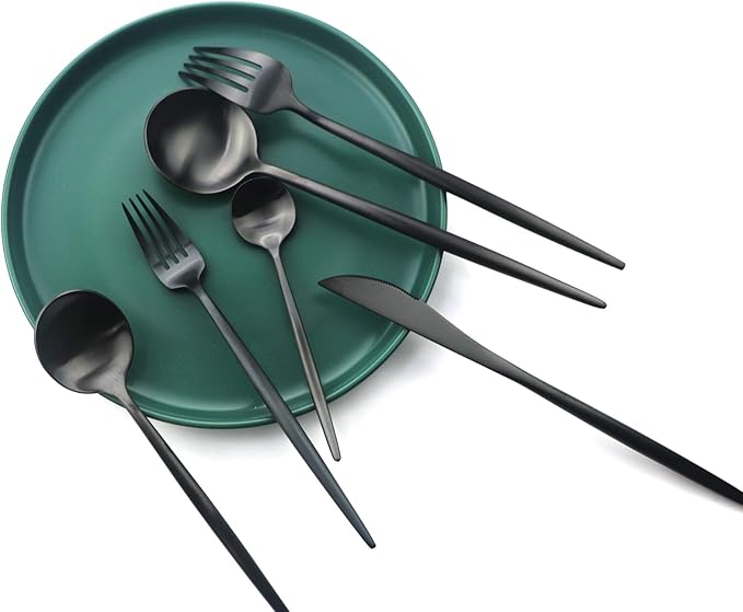 24-Piece Matte Black Handle 18/10 Stainless Steel Silverware Set, Titanium Black Cutlery, Flatware Set for Home & Restaurant, Dishwasher Safe