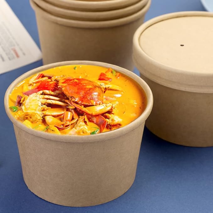 8 oz 25 pack Paper Soup Cup Disposable, Paper Food Containers with Lids, Kraft Ice Cream Container for Soups, Stews, Ice Creams, Sorbet and Salads