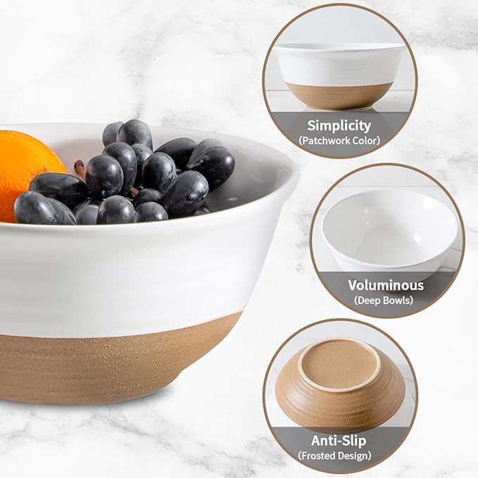 Ceramic Serving Bowls,84 Ounce Stackable Salad Bowls for Kitchen,9 Inch Large Mixing Bowls for Cereal,Pasta,Soup and Oatmeal,Serving Dish Set of 2,Gift for Housewarming,Microwave Safe,White