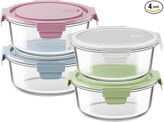 8 PCS Glass Meal Prep Containers with Lids, Airtight 4 Cup Glass Storage Containers Set, Heat-Resistant BPA-Free Glass Containers for Soup Leftover, Microwave, Dishwasher, and Freezer Safe (4 Packs)